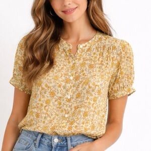 Indi & Cold Floral Puff Sleeve Button Up Top Size M Cotton Cottagecore